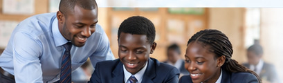African teacher supporting secondary-school learners at a laptop